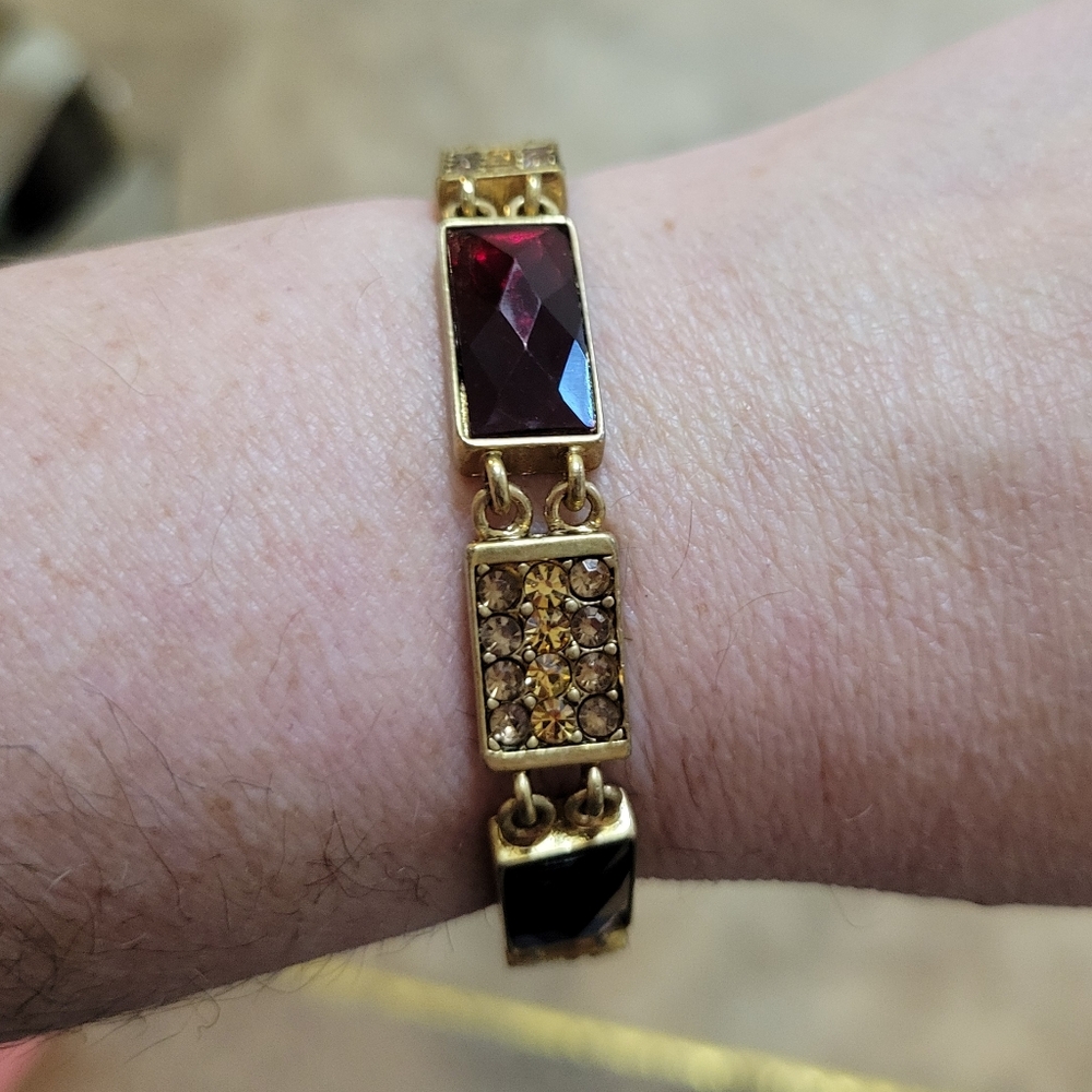 LC Linked Bracelet Red Amber Crystals 7.5"